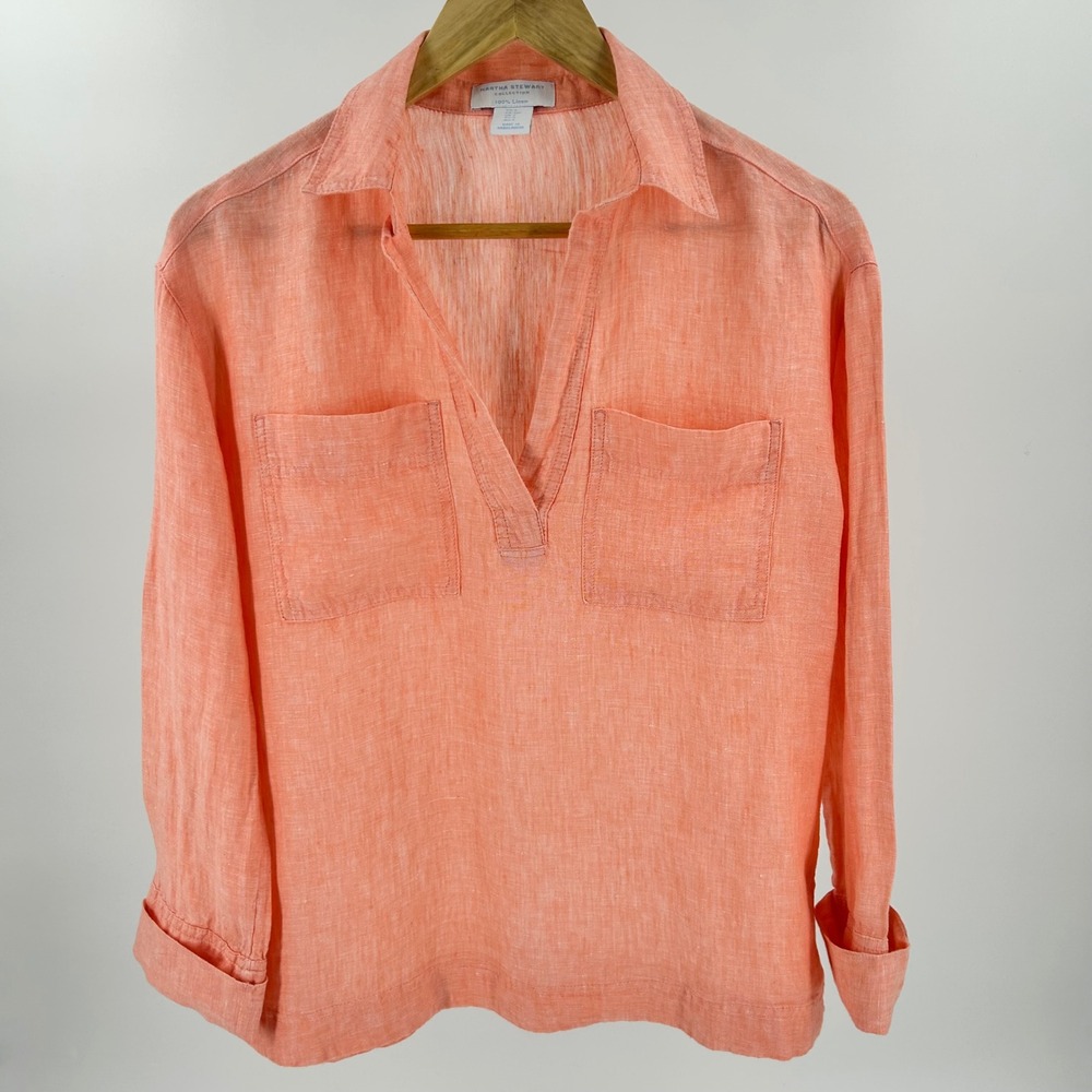 Martha Stewart Collection Coral 100% Linen V-Neck Tunic‎ Top Womens Small